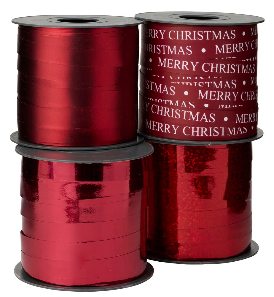 Vier rote Geschenkbandrollen: zwei metallische, eine glitzernde und eine mit 'Merry Christmas'-Text.