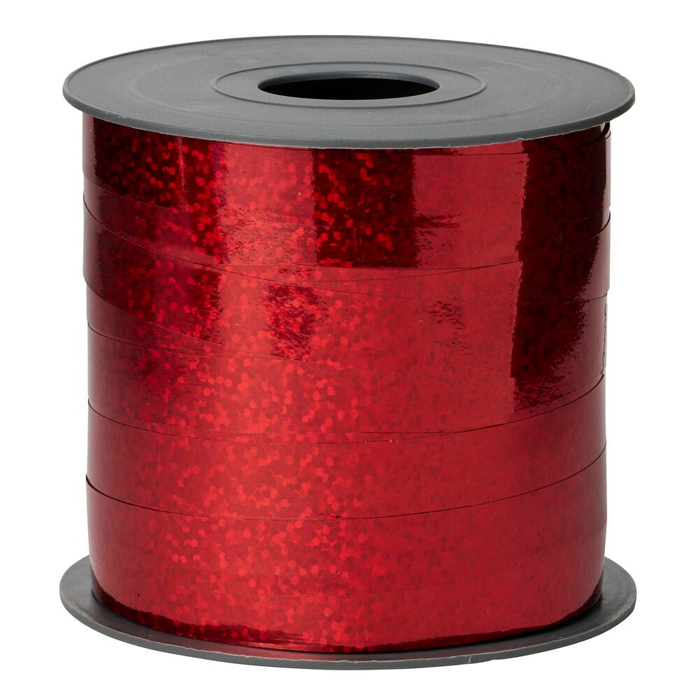 Rotes glitzerndes Geschenkband, 40 m, auf eine dunkelgraue Spule gewickelt.
