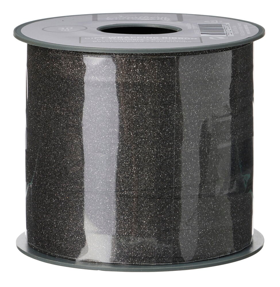 Eine Rolle silbernes Glitzer-Geschenkband, 1er-Pack, 30-40 m, in klarer Plastikverpackung.