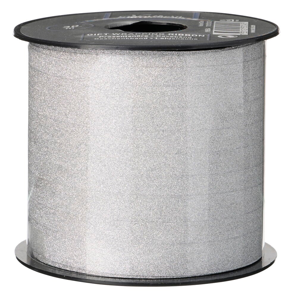 Geschenkband 1 er-Pack Silber, 30m, silberglitzernd, auf schwarzer Spule.