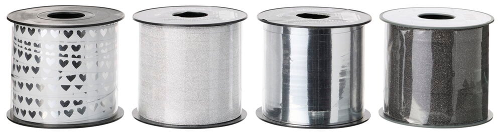 Vier Rollen silbernes Geschenkband: Herzmuster, Feinglitter, Metallisch und Dunkelglitter.