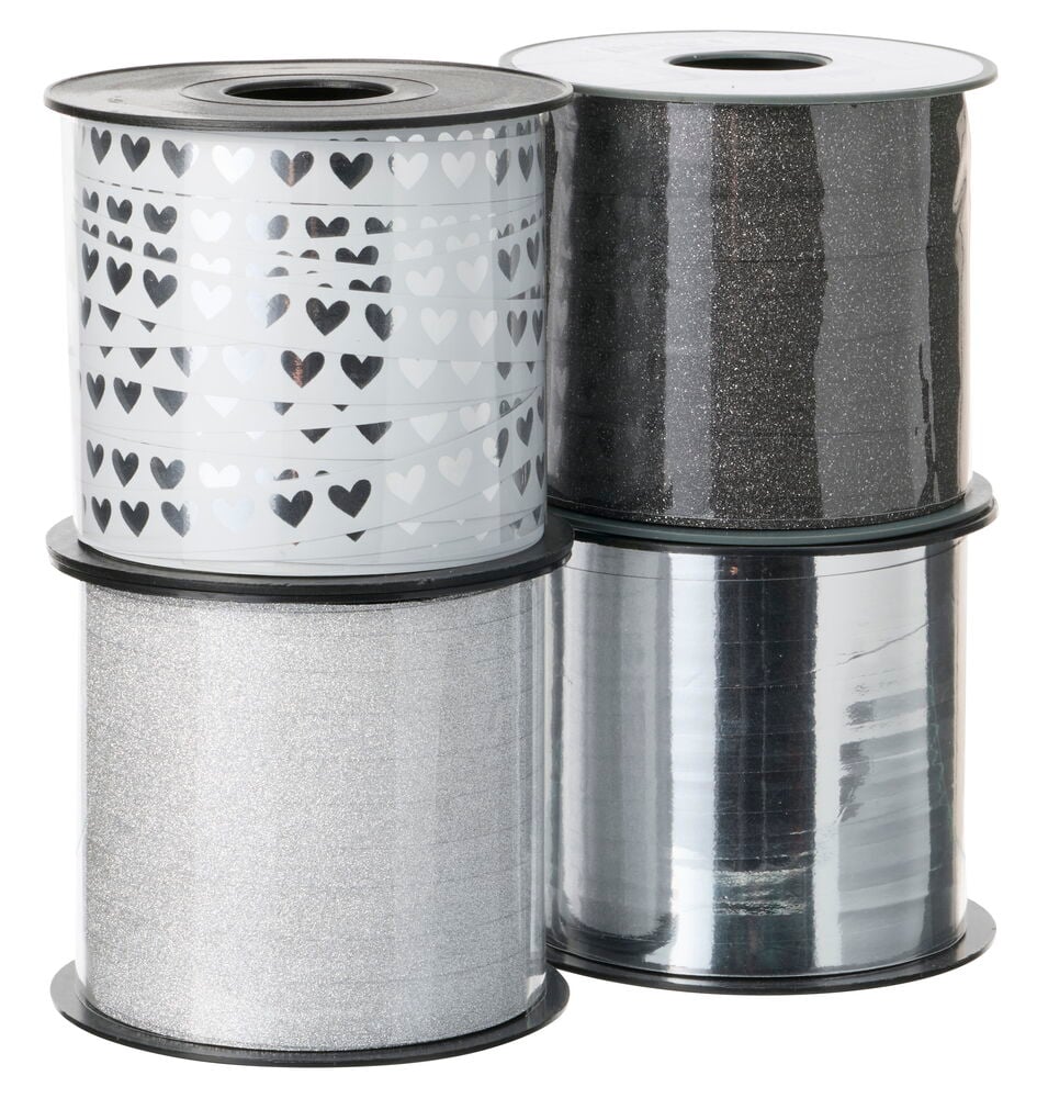 Vier Rollen Geschenkband: Silber mit schwarzen Herzen, schwarzer Glitzer, silberner Glitzer und glänzendes Silber.