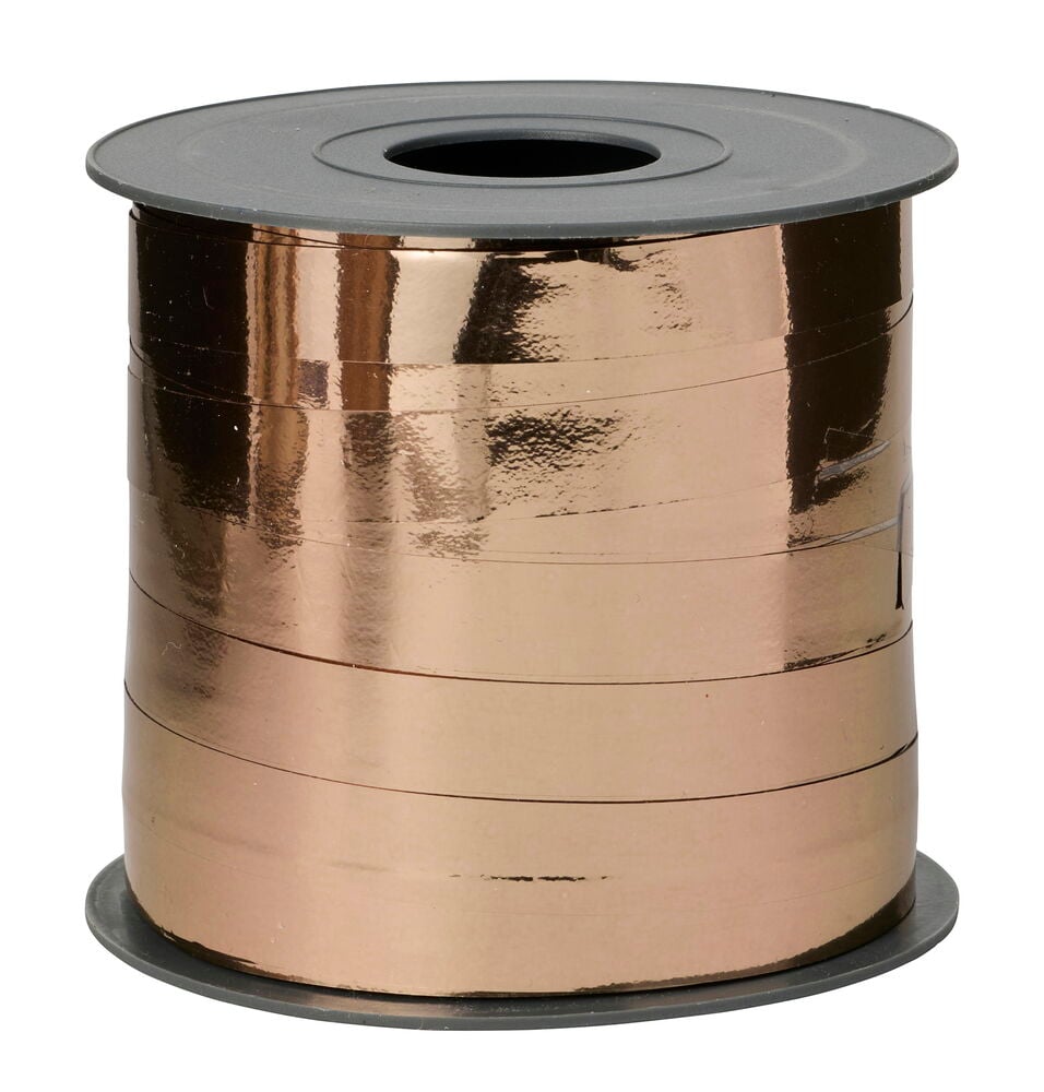 Glänzendes Roségold/Kupfer Geschenkband, 1er-Pack Gold/Braun 30-40 m, auf einer dunkelgrauen Spule gewickelt.