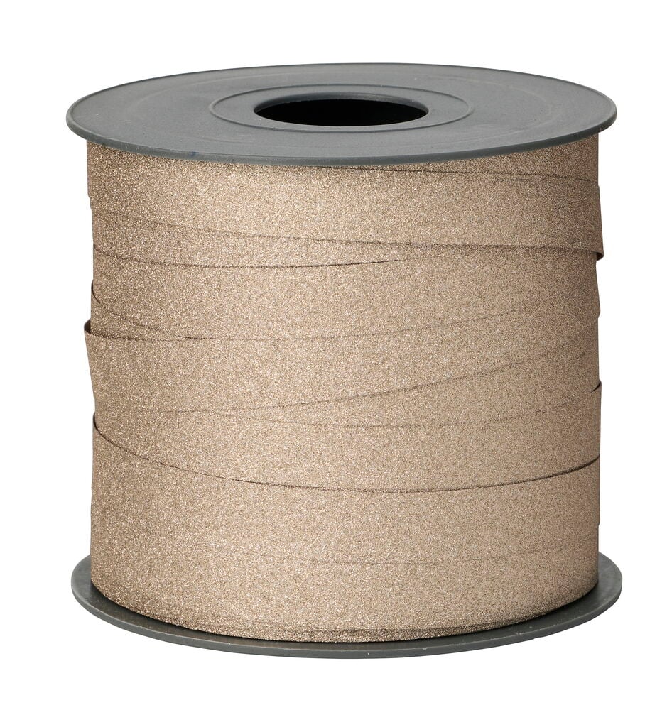 Ein gold/braunes Glitzer Geschenkband 30-40 m auf einer dunkelgrauen Spule.