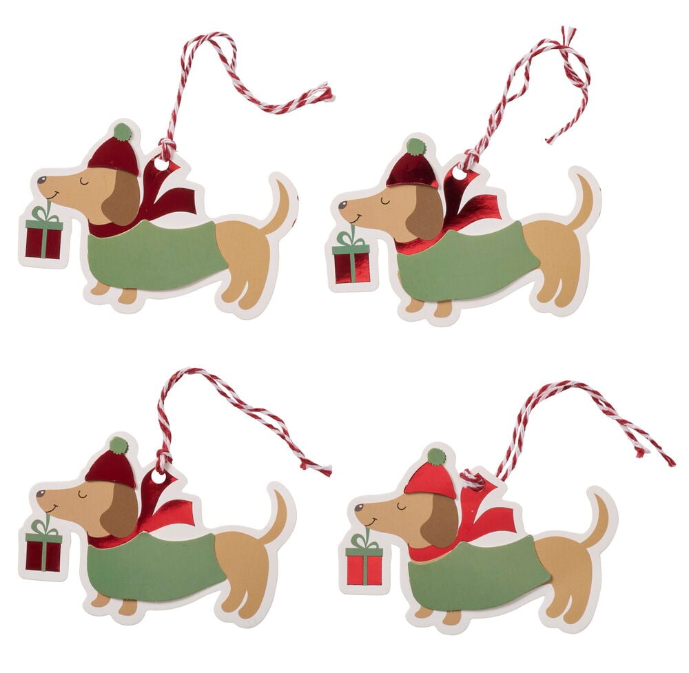 Geschenketiketten 4-5er-Pack mit Dackel in roter Mütze, Schal, grünem Pullover, haltend rotes Geschenk.