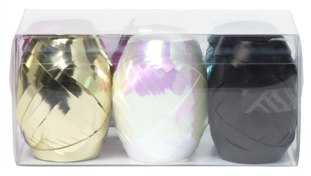 Sex presentsnören i olika färger i plastförpackning.