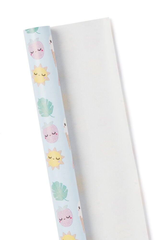 Blått presentpapper med somriga symboler och växter.