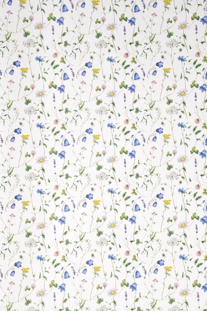 Vitt presentpapper med färgglatt blommönster.