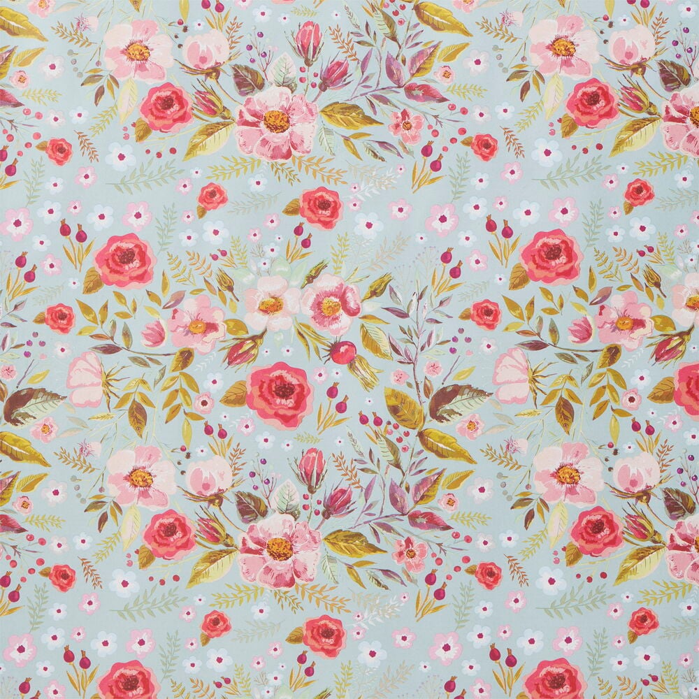 Blommigt presentpapper med rosa och röda blommor.