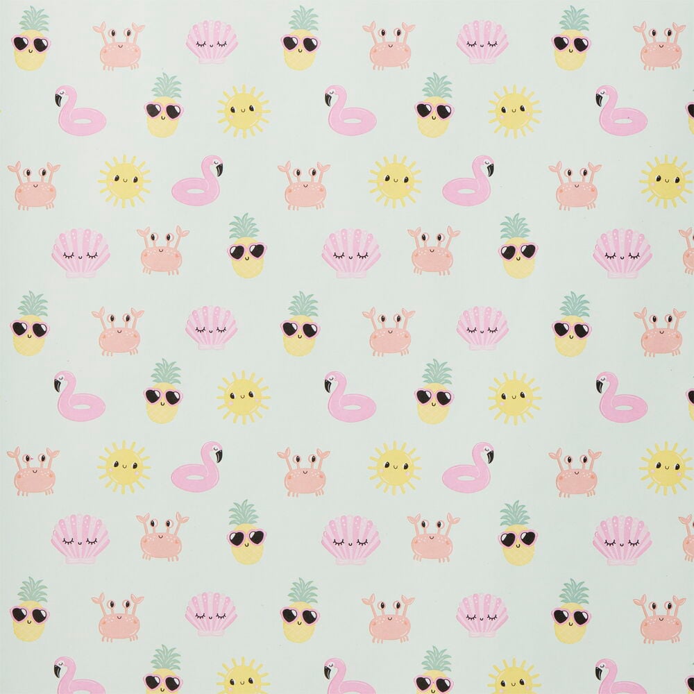 Ljusgrönt presentpapper med somriga tecknade motiv.