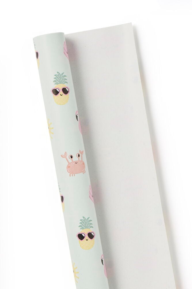Ljusgrönt presentpapper med somrigt ananas- och krabbmönster.