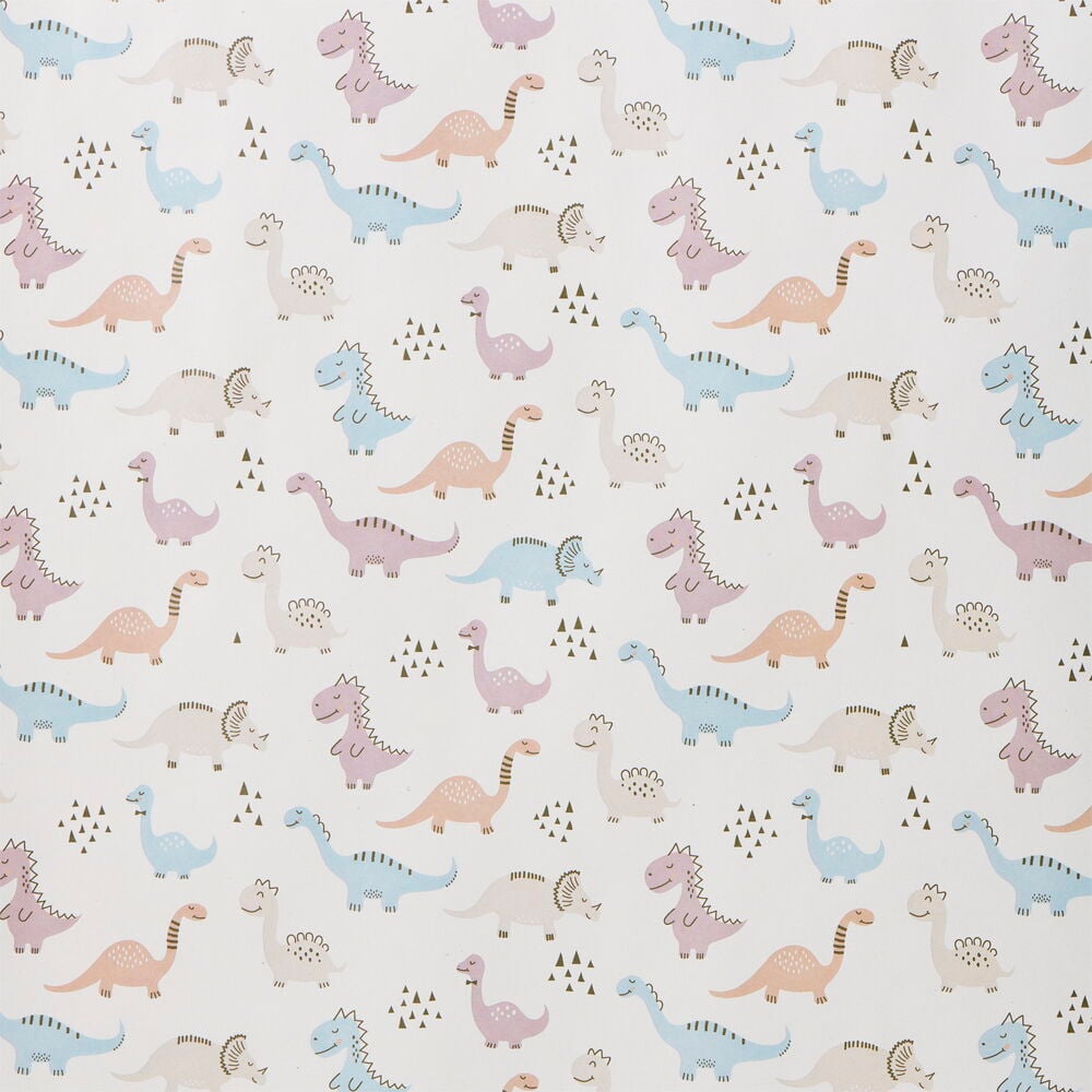 Vitt presentpapper med färgglada dinosauriemönster.