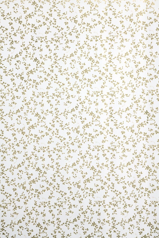 Valkoinen lahjapaperi, jossa kultainen lehtikuvio.