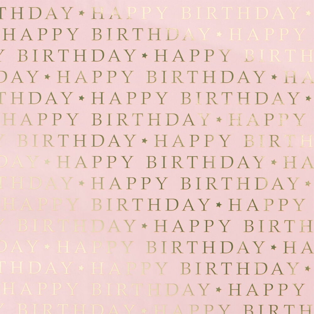 Rosa lahjapaperi kultaisella Happy Birthday -tekstillä.