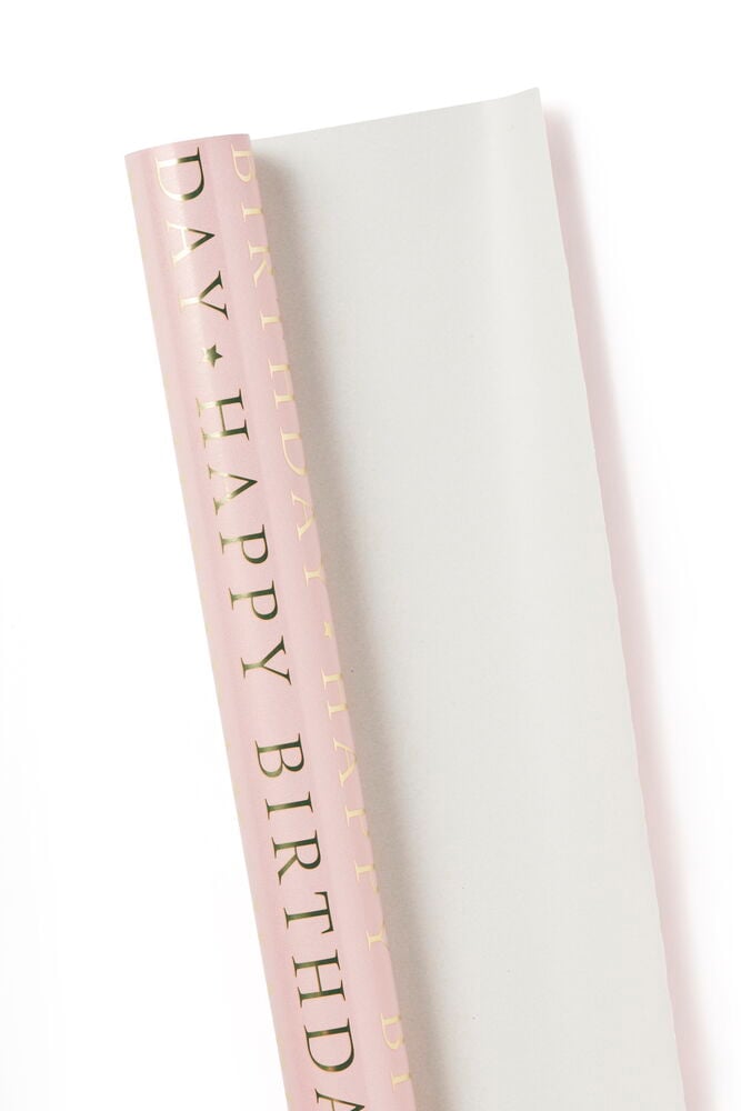 Rosa presentpapper med texten Happy Birthday.