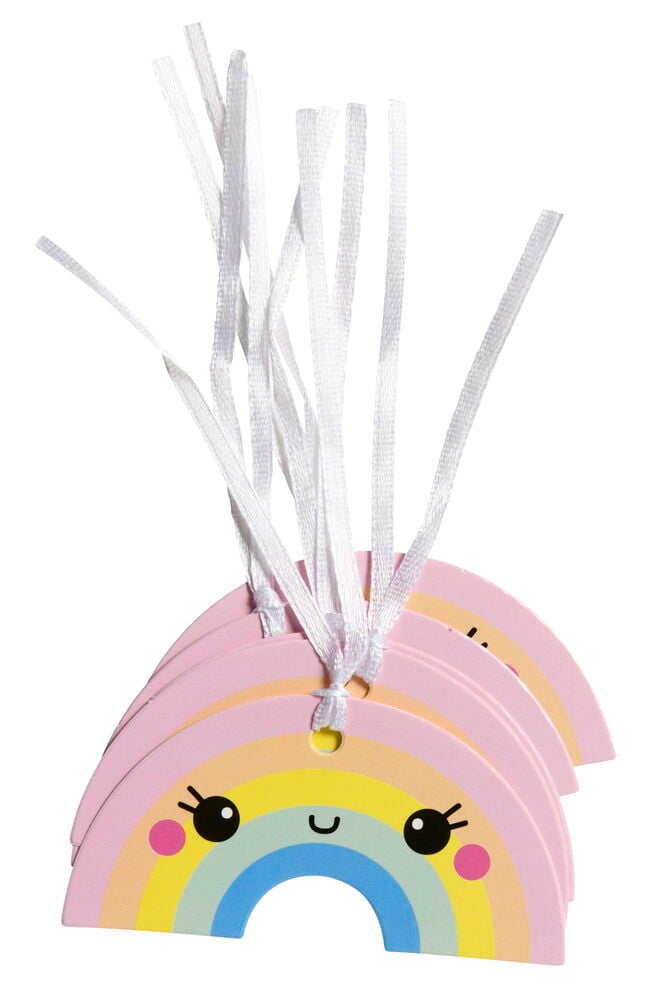 Neljä sateenkaaren muotoista etikettiä söpöillä kasvoilla.