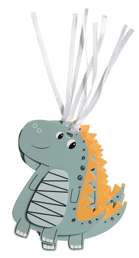 Vihreä etiketti muotoiltu suloiseksi dinosaurukseksi, jossa on nauha.