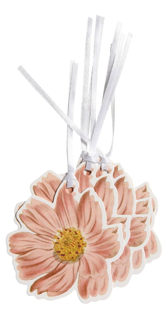 Kukkaiset tarrat valkoisilla nauhoilla.