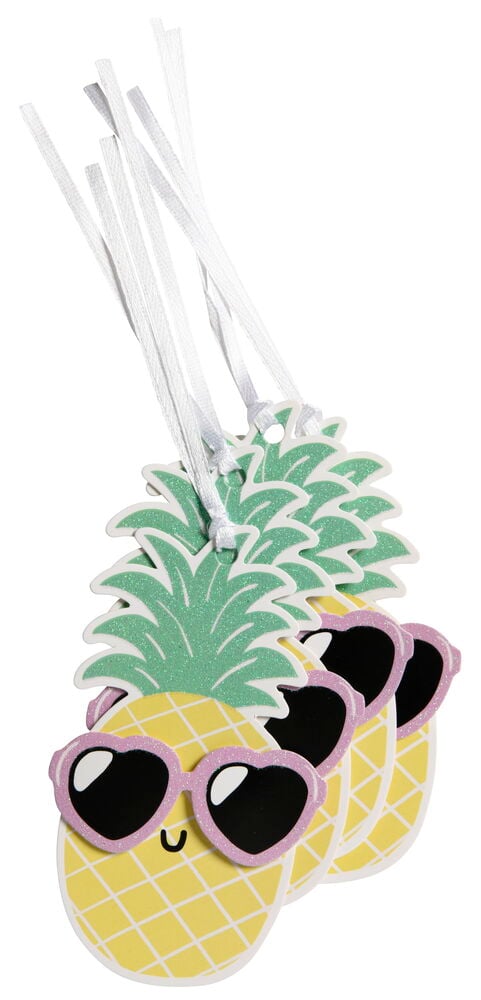 Neljä ananaksen muotoista etikettiä aurinkolaseilla.