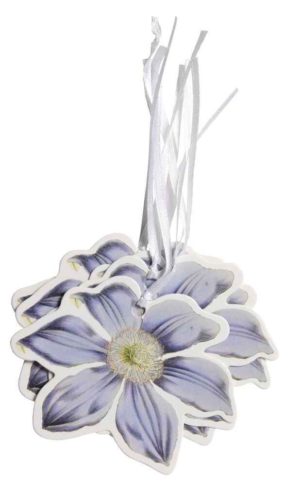 Kukkamuotoiset etiketit, joissa valkoiset nauhat, violetti suunnittelu.