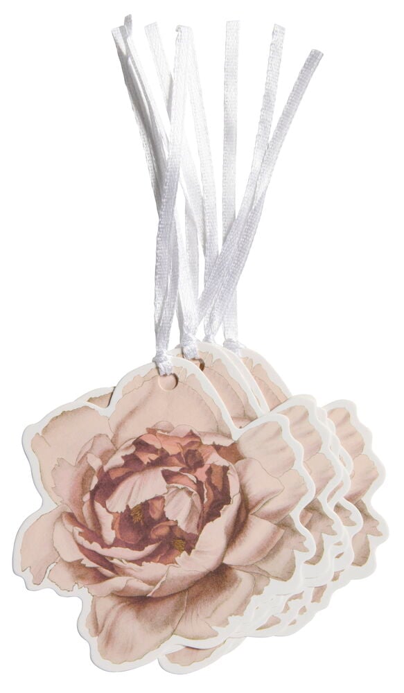 Neljä kukkamuotoista etikettiä, joissa on valkoiset nauhat.