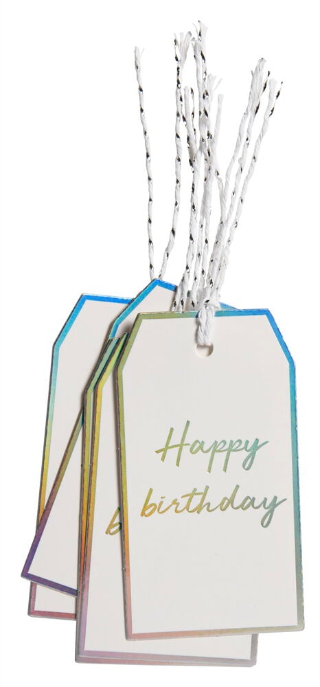 Neljä lahjatunnistetta tekstillä ja naruilla.