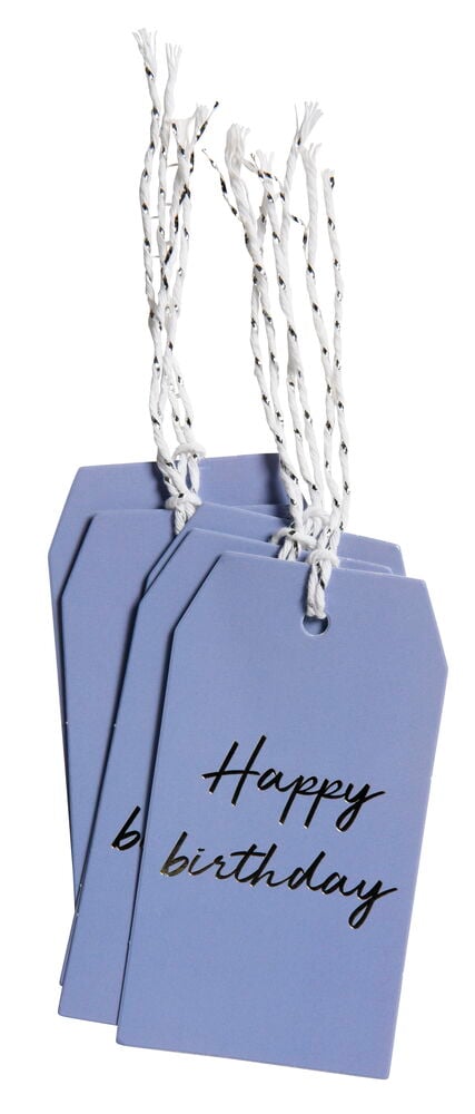 Neljä sinistä lahjatunnistetta tekstillä ja nauhoilla.