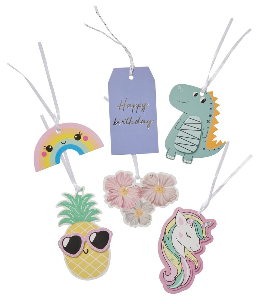 Ananas, enhörning, dinosaurie och blomma etiketter.