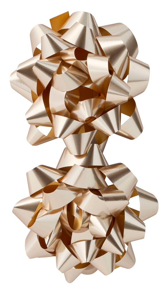 Geschenkrosette Mixed, eine metallisch goldfarbene Pom-Pom-Schleife aus glänzendem, gekräuseltem Band.