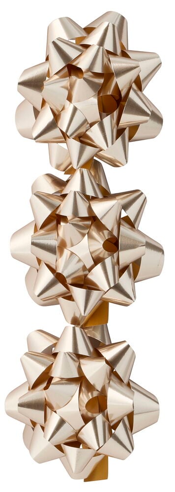 Drei gestapelte goldene Geschenkrosette Mixed, glänzend metallisch mit mehreren Schleifen in Sternform.
