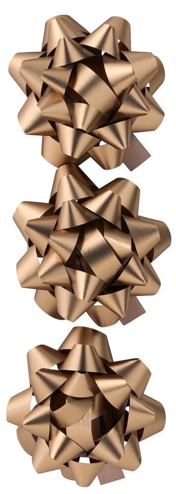 Drei goldene metallische Geschenkrosetten sind vertikal gestapelt.