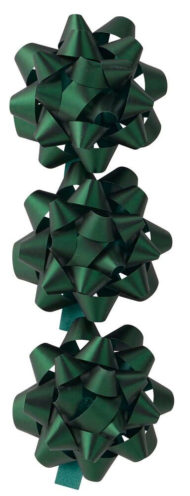 Drei dunkelgrüne Geschenkrosette Mixed, identisch, in klassischem Sternen-Design, vertikal angeordnet.