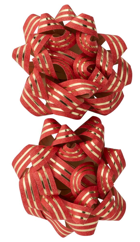 Zwei rote glitzernde Geschenkrosette Mixed mit goldenen horizontalen Streifen, vor weißem Hintergrund gezeigt.