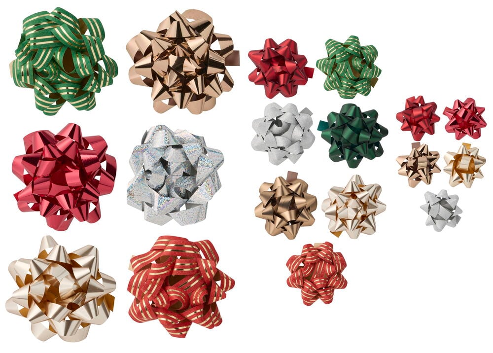 Gemischte Geschenkrosetten in verschiedenen Größen und Farben: Rot, Grün, Gold, Silber, gestreift und holografisch.