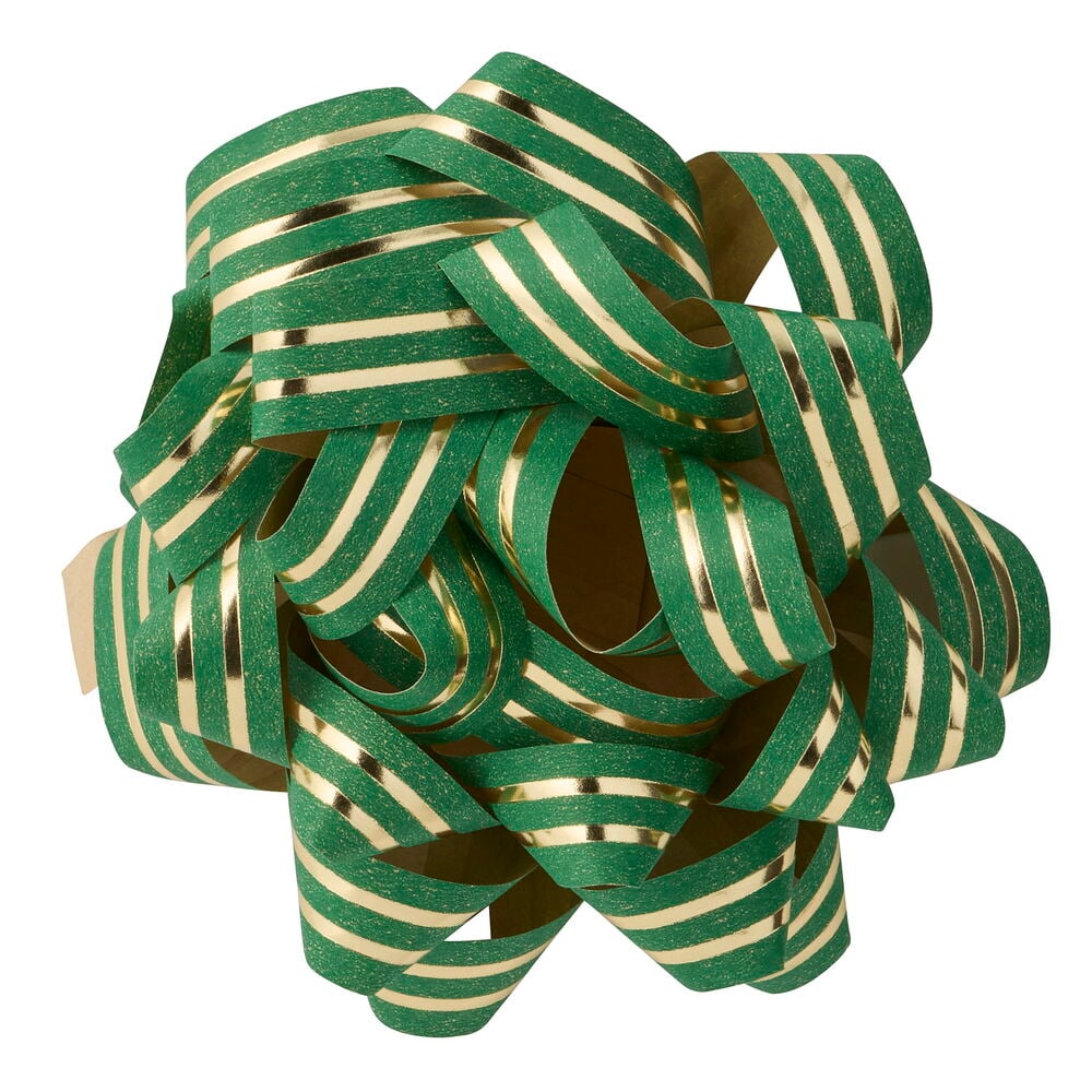 Geschenkrosette Mixed: eine grün-gold gestreifte Schleife mit strukturierten Bandschlaufen.
