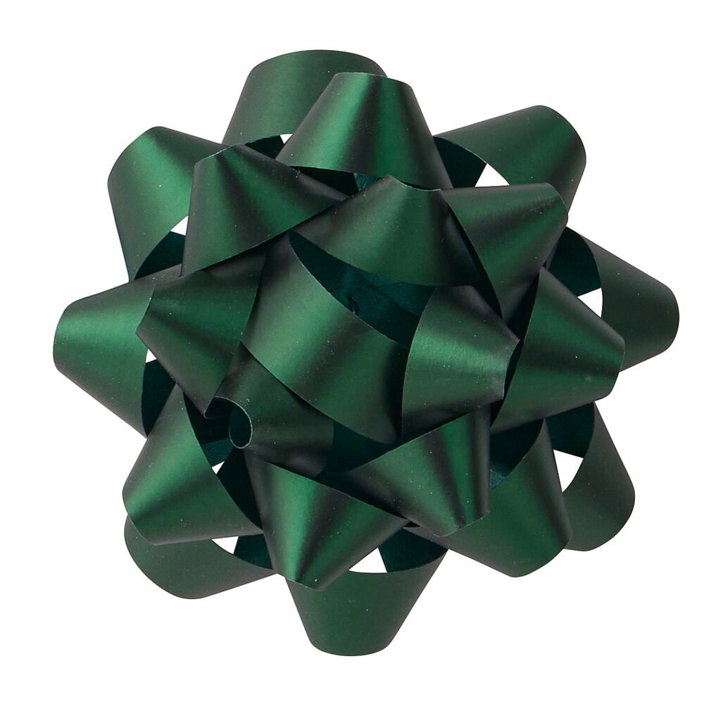 Dunkelgrüne Geschenkrosette Mixed, eine sternförmige Schleife mit metallischem Glanz.