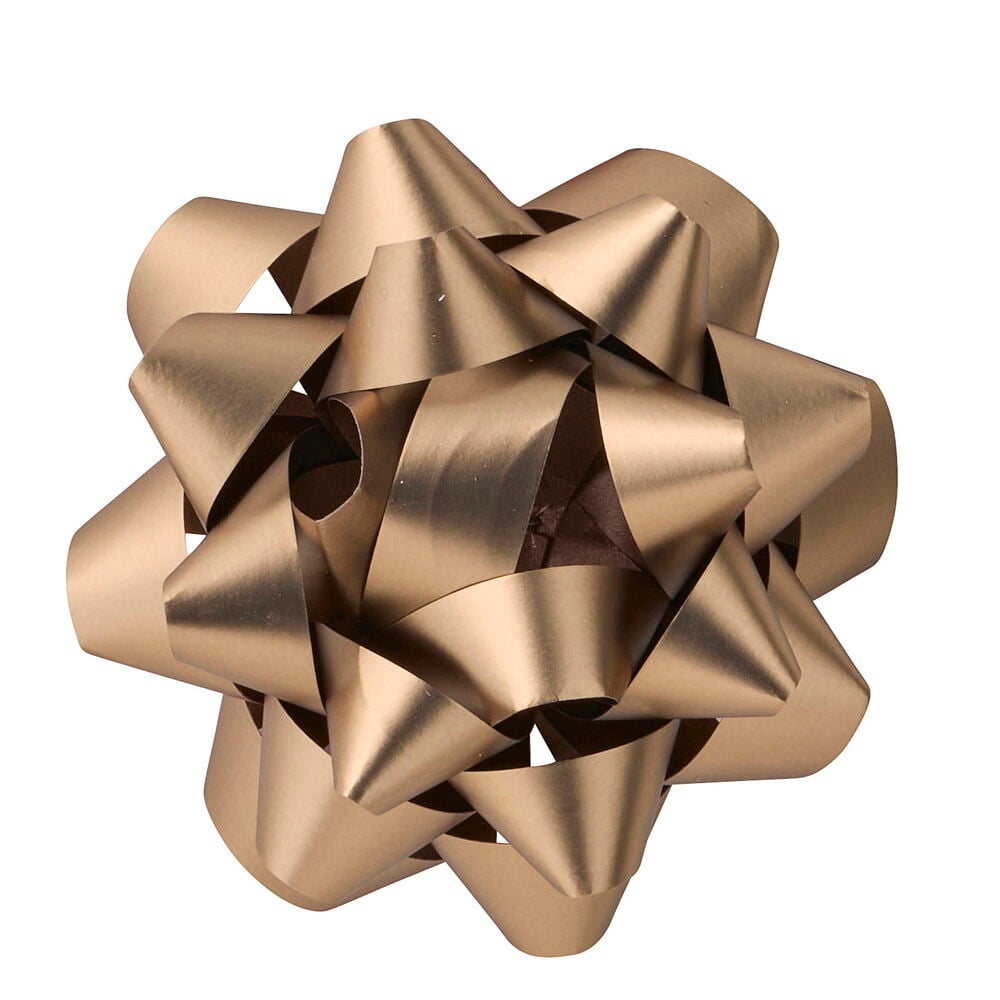Eine einzelne metallische goldene Geschenkrosette in Sternform.
