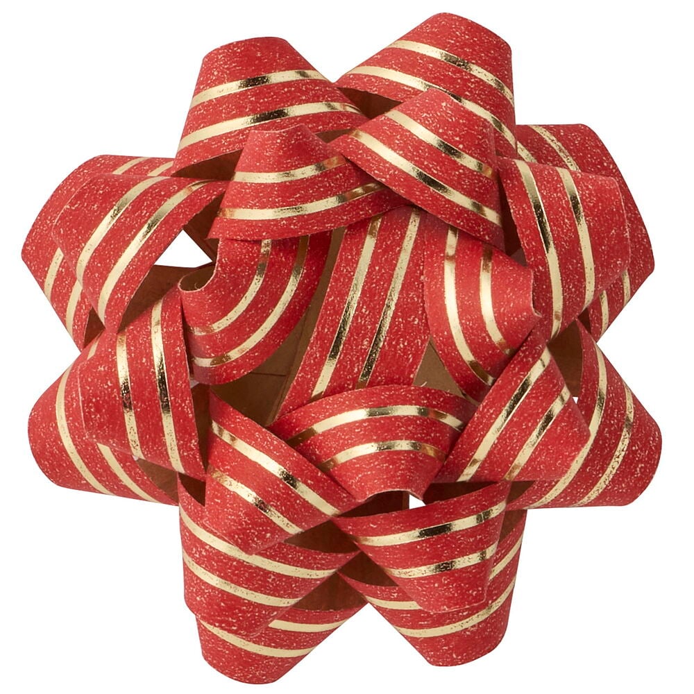 Eine rote Geschenkrosette mit horizontalen Goldstreifen und texturierter Oberfläche.