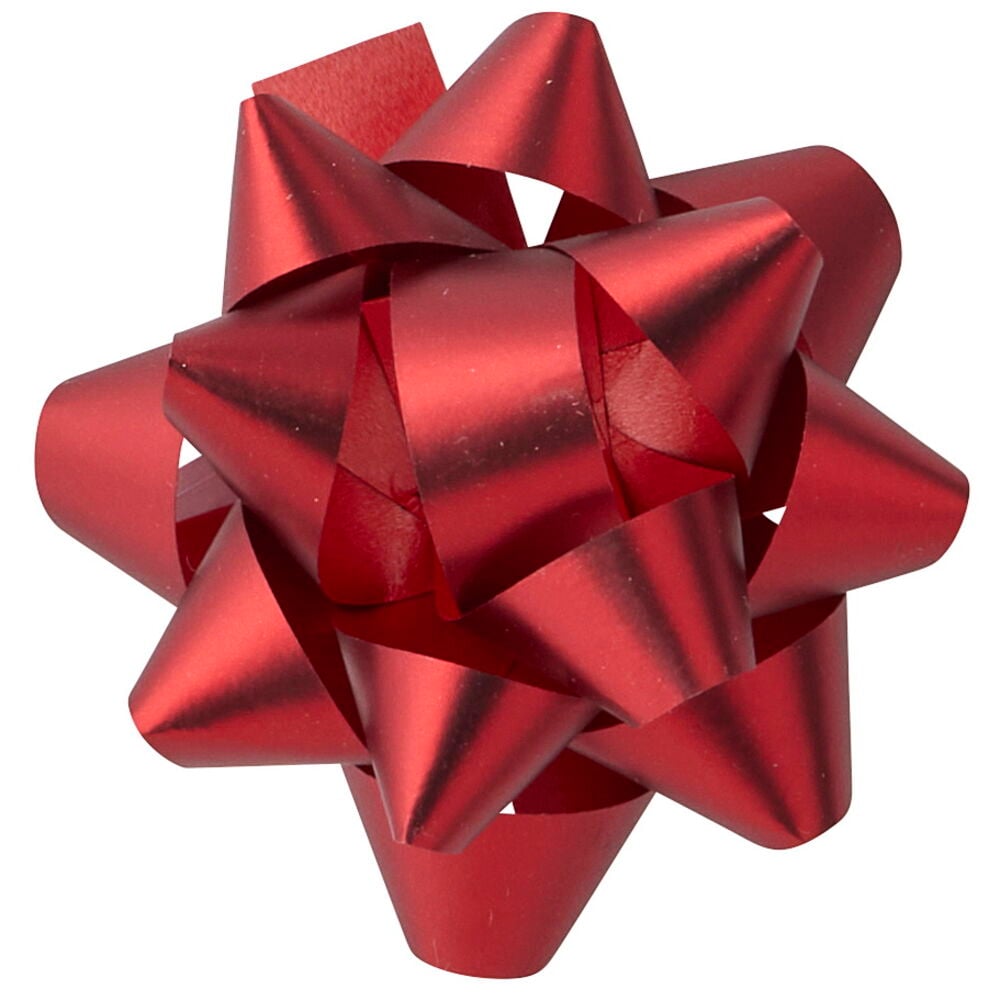 Eine rote metallische sternförmige Geschenkrosette mit mehreren Schleifen.