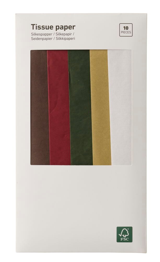 Seidenpapier 50x70 cm Weihnachtspackung mit 10 Blättern in Braun, Rot, Dunkelgrün, Gold und Weiß.