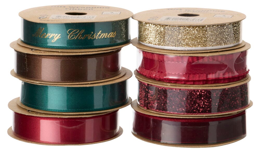 Geschenkband 3 m in verschiedenen Farben und Texturen, darunter Glitzer, Satin und Frohe Weihnachten-Aufdruck.