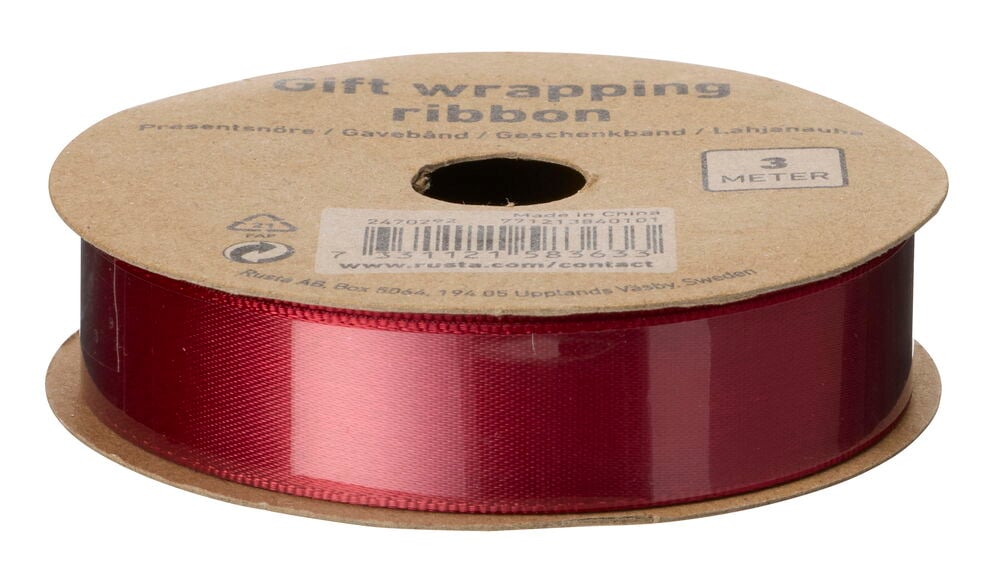 Rotes Geschenkband 3 m aus Satin auf einer braunen Kartonrolle.