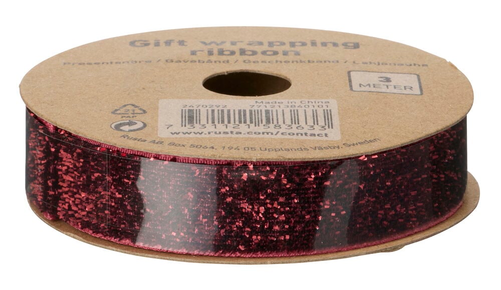 Rotes Glitzer Geschenkband 3 m auf einer braunen Pappspule.