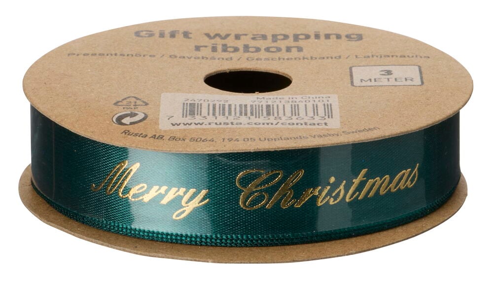 Dunkelgrünes Geschenkband mit goldener "Merry Christmas"-Aufschrift auf brauner Rolle, 3 Meter lang.