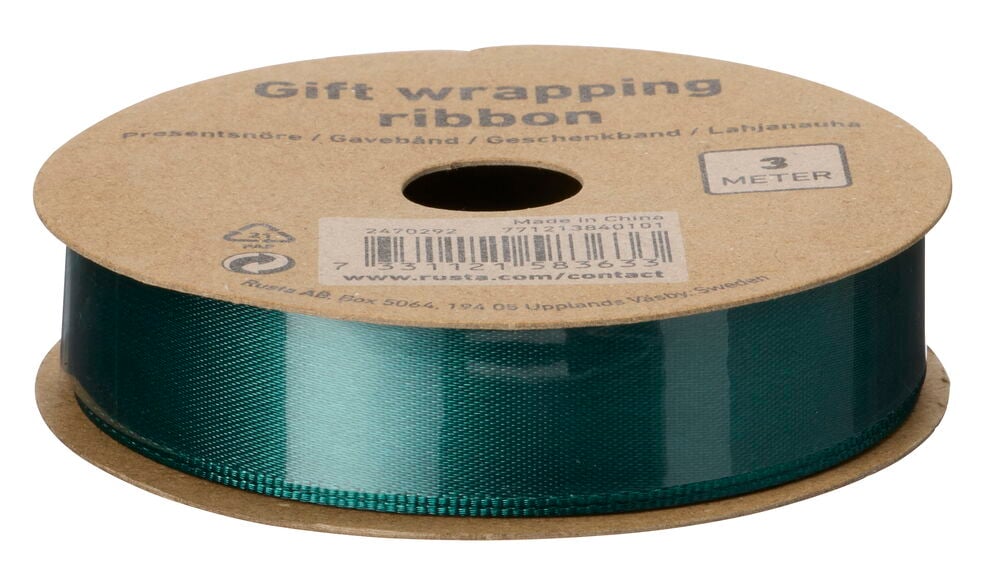 Dunkelgrünes Geschenkband auf einer Papprolle, 3 Meter lang.