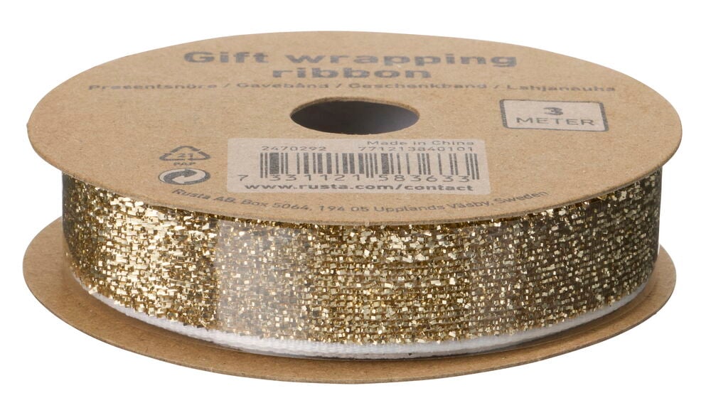 Geschenkband 3 m, gold glitzernd, auf einer braunen Kartonrolle gewickelt.