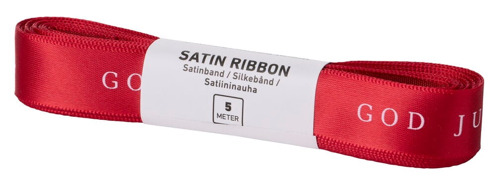 Et rødt satin Gavebånd 5 m God Jul, rullet, med hvit tekst "GOD JUL" og etikett.