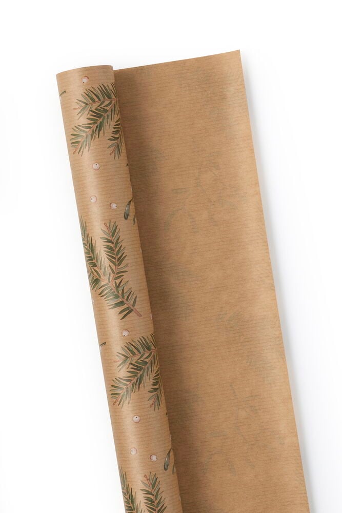 Julpapper 3 m Mistletoe kraft, brunt med gröna grenar och rosa bär, delvis rullat.