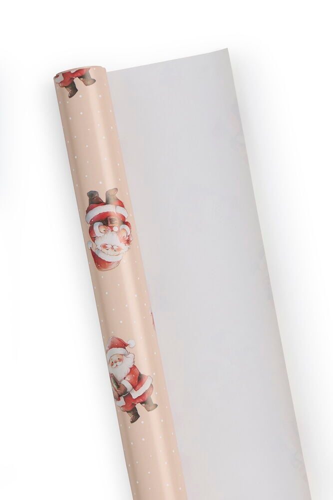 Julepapir 3 m Santa, lys beige med hvite prikker og gjentatte nissefigurer, delvis utrullet.