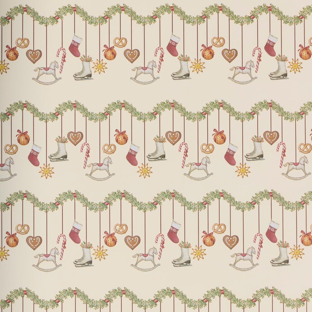 Julepapir 3 m Garland med gjentakende mønster av grønn girlander og ulike festlige julepynt.
